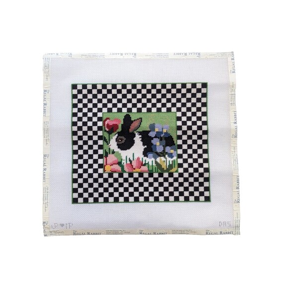 Other - Completed Needlepoint Piece Rabbit Flowers Check Plaid Canvas Regal Rabbit Bunny